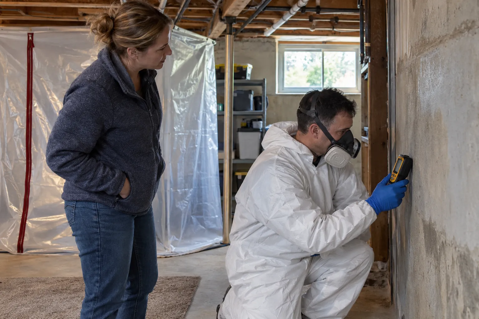 Independent mold remediation provider checking a basement wall in a Manhattan home